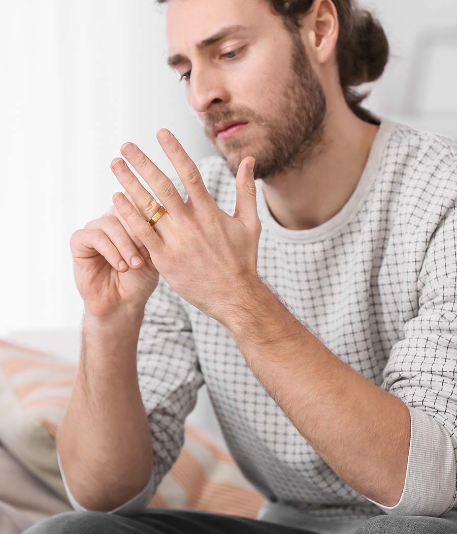 Image of a man twisting a wedding band on his finger. This image represents the frustration felt before discernment counseling in Atlanta, GA. This can help with coparenting and deciding divorce. | 30518 | 30519